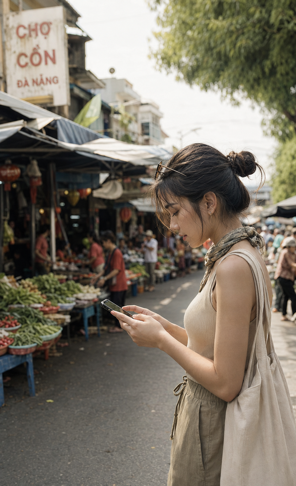 A traveler using Search while exploring a Da Nang market